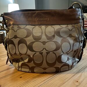 Coach Brown and Tan Signature Shoulder Bag